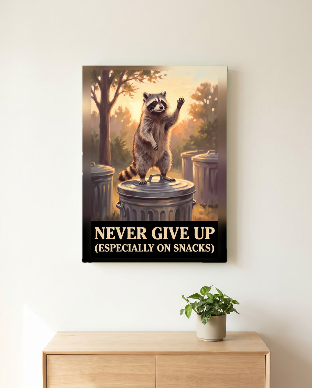 Never Give Up Raccoon Office Wall Art Canvas canvas wall art, front view