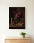 Dark Moody Still Life Roses and Candle Canvas Wall Art canvas wall art, front view