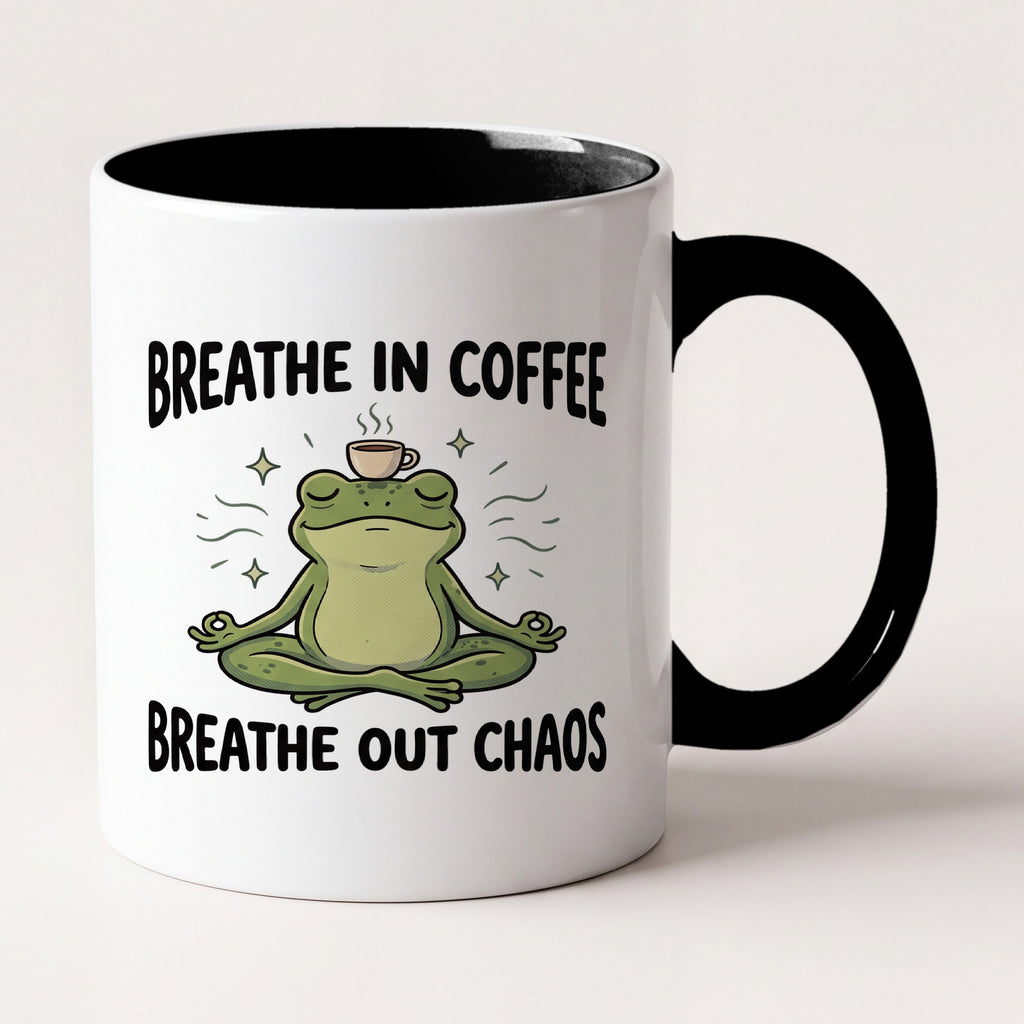 Breathe In Coffee Breathe Out Chaos Yoga Frog Funny Mug, Yoga Gift Two Tone Mug in Black