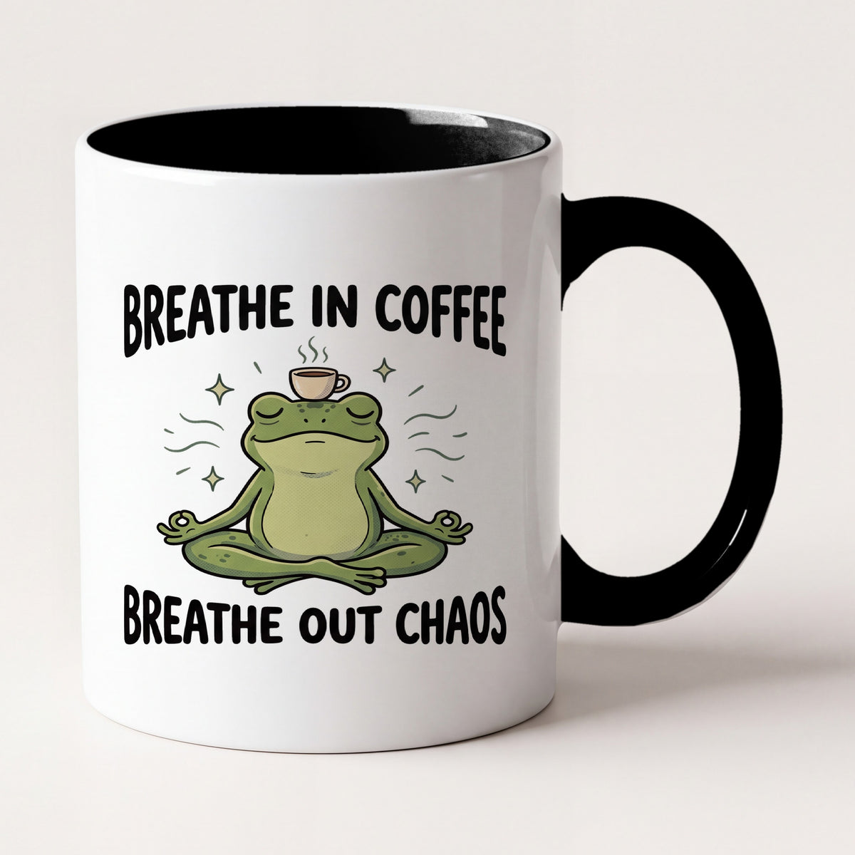 Breathe In Coffee Breathe Out Chaos Yoga Frog Funny Mug, Yoga Gift Two Tone Mug in Black