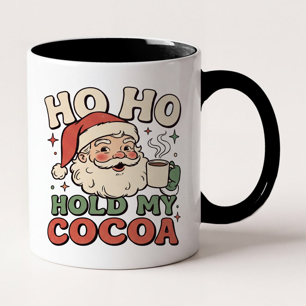 Ho Ho Hold My Cocoa Vintage Santa Christmas Mug, Holiday Gift Two Tone Mug in Black