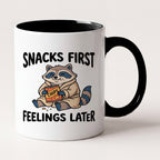Snacks First Feelings Later Raccoon Funny Mug, Gift for Snack Lovers Two Tone Mug in Black