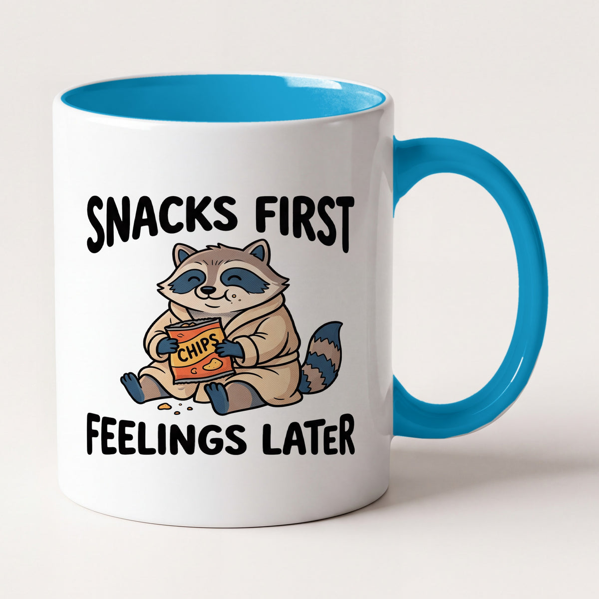 Snacks First Feelings Later Raccoon Funny Mug, Gift for Snack Lovers Two Tone Mug in Blue