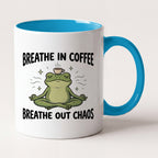 Breathe In Coffee Breathe Out Chaos Yoga Frog Funny Mug, Yoga Gift Two Tone Mug in Blue