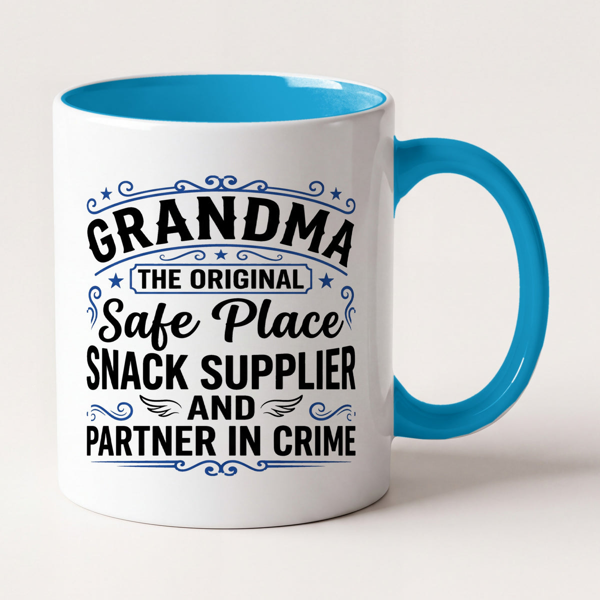 Grandma the Original Safe Place Funny Grandma Mug, Gift From Grandkids Two Tone Mug in Blue