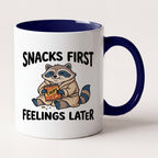 Snacks First Feelings Later Raccoon Funny Mug, Gift for Snack Lovers Two Tone Mug in Navy