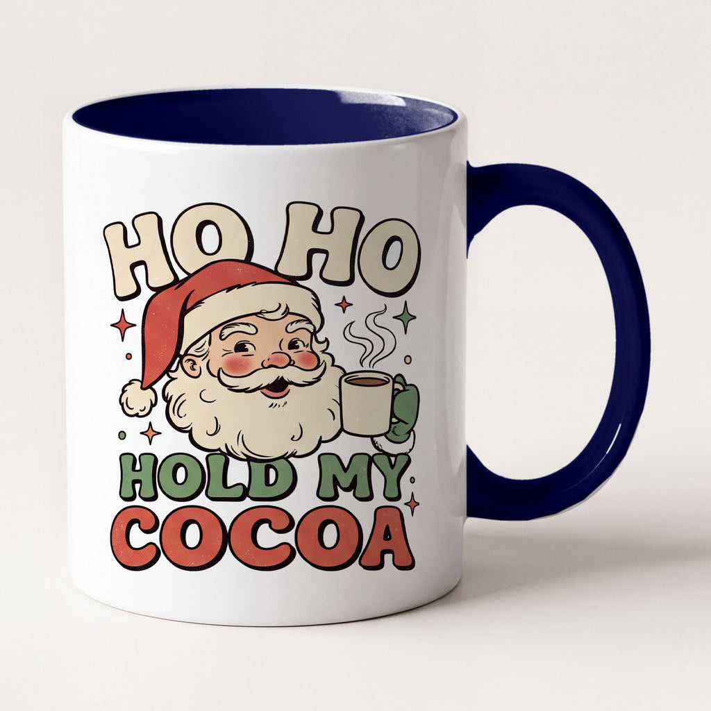 Ho Ho Hold My Cocoa Vintage Santa Christmas Mug, Holiday Gift Two Tone Mug in Navy