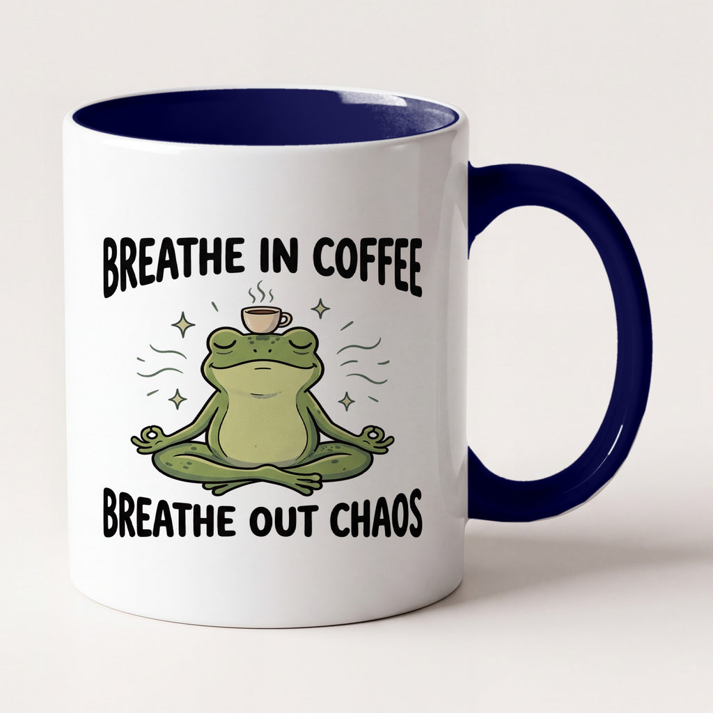 Breathe In Coffee Breathe Out Chaos Yoga Frog Funny Mug, Yoga Gift Two Tone Mug in Navy