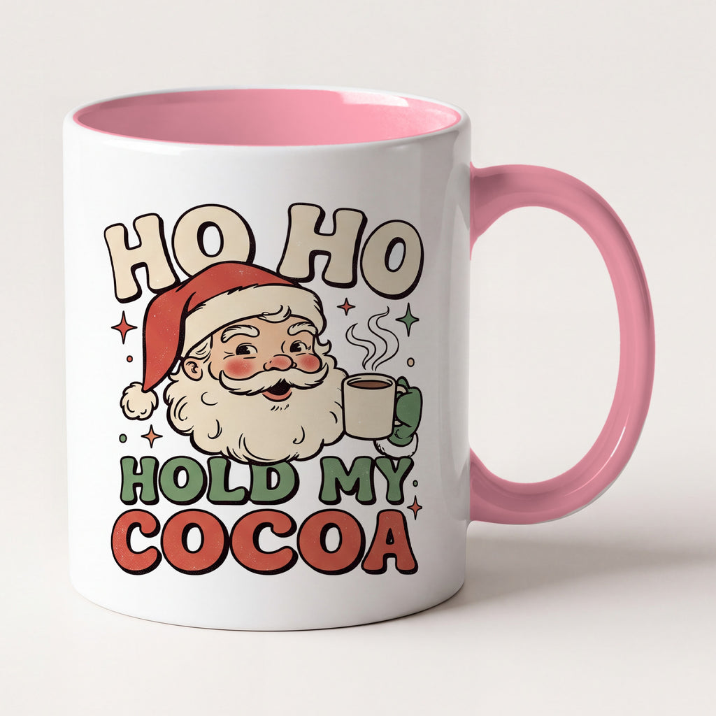 Ho Ho Hold My Cocoa Vintage Santa Christmas Mug, Holiday Gift Two Tone Mug in Pink