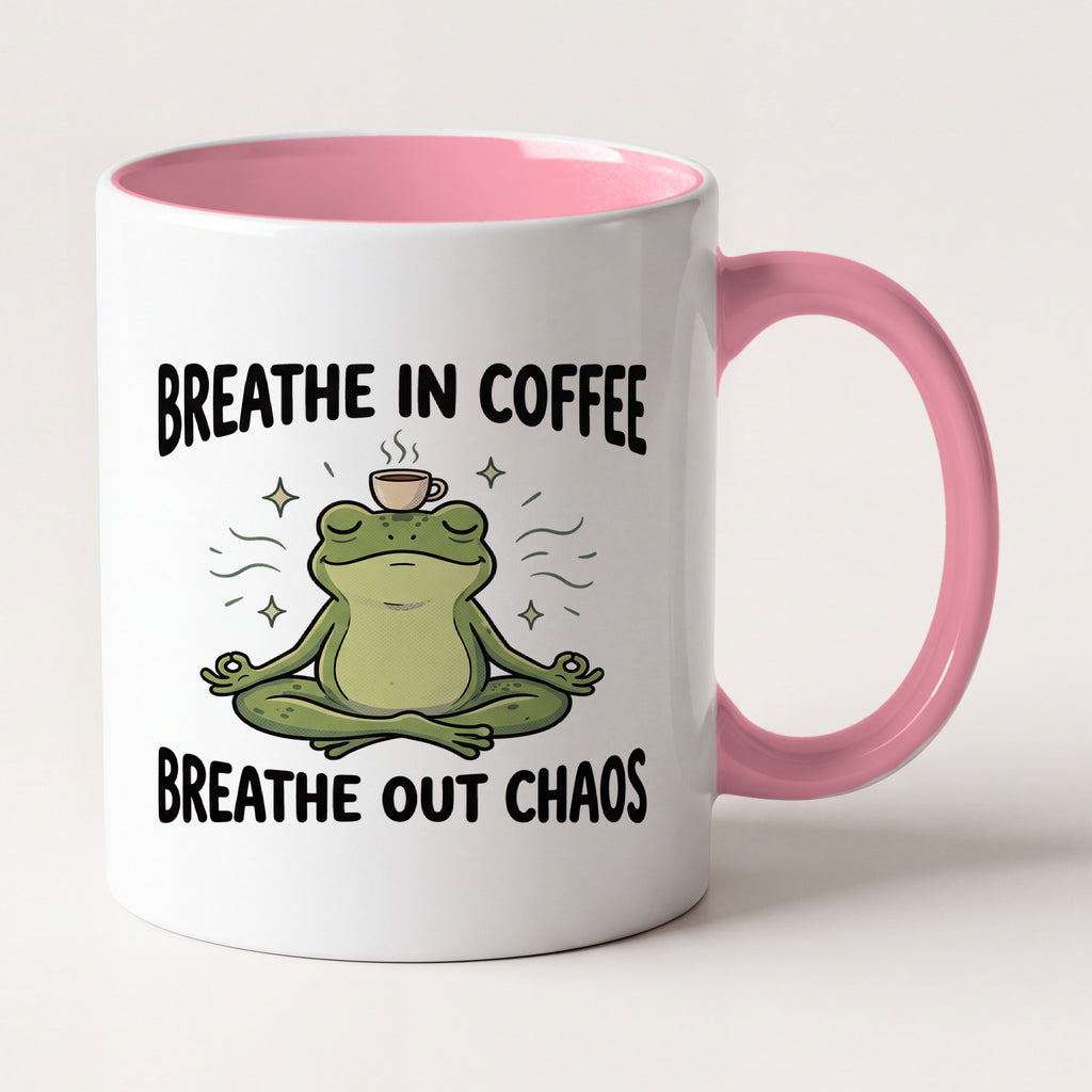 Breathe In Coffee Breathe Out Chaos Yoga Frog Funny Mug, Yoga Gift Two Tone Mug in Pink
