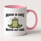 Breathe In Coffee Breathe Out Chaos Yoga Frog Funny Mug, Yoga Gift Two Tone Mug in Pink