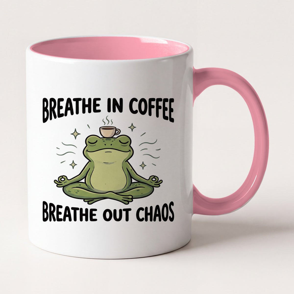 Breathe In Coffee Breathe Out Chaos Yoga Frog Funny Mug, Yoga Gift Two Tone Mug in Pink