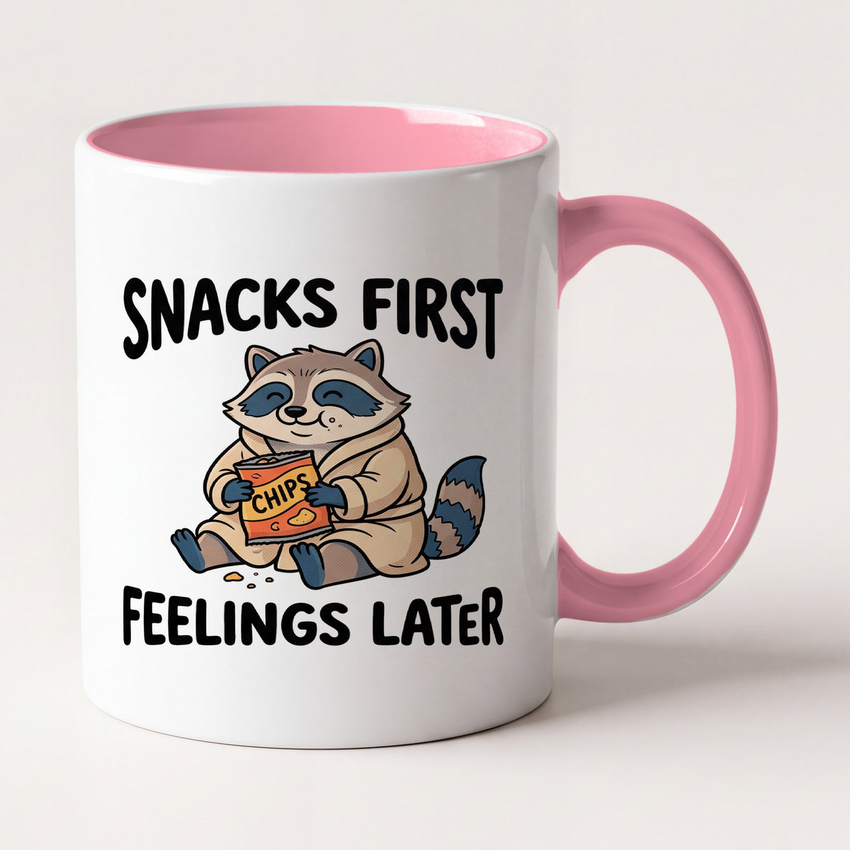 Snacks First Feelings Later Raccoon Funny Mug, Gift for Snack Lovers Two Tone Mug in Pink