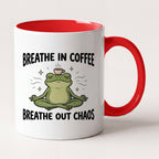 Breathe In Coffee Breathe Out Chaos Yoga Frog Funny Mug, Yoga Gift Two Tone Mug in Red