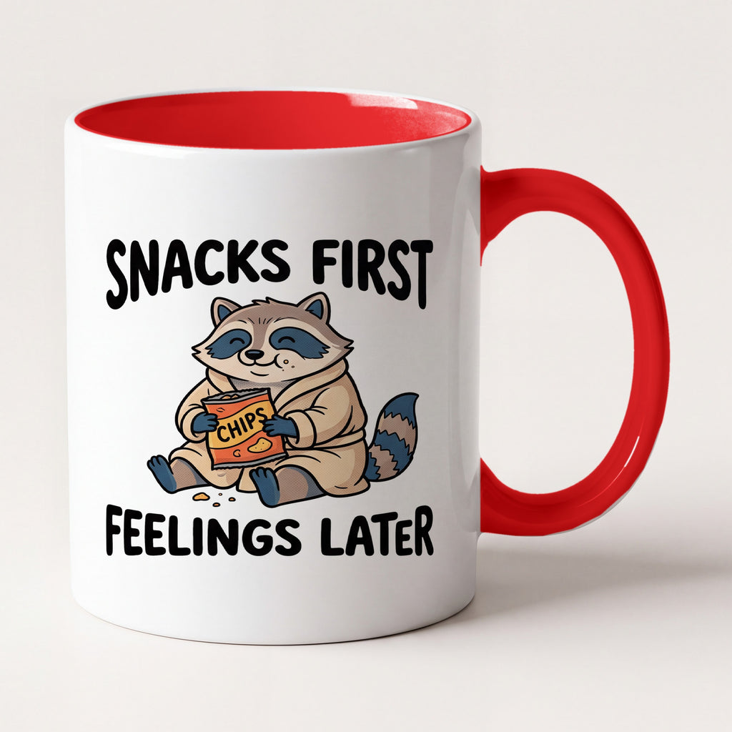 Snacks First Feelings Later Raccoon Funny Mug, Gift for Snack Lovers Two Tone Mug in Red