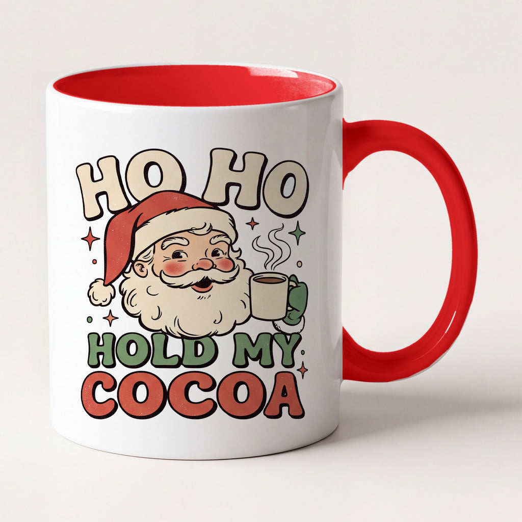 Ho Ho Hold My Cocoa Vintage Santa Christmas Mug, Holiday Gift Two Tone Mug in Red