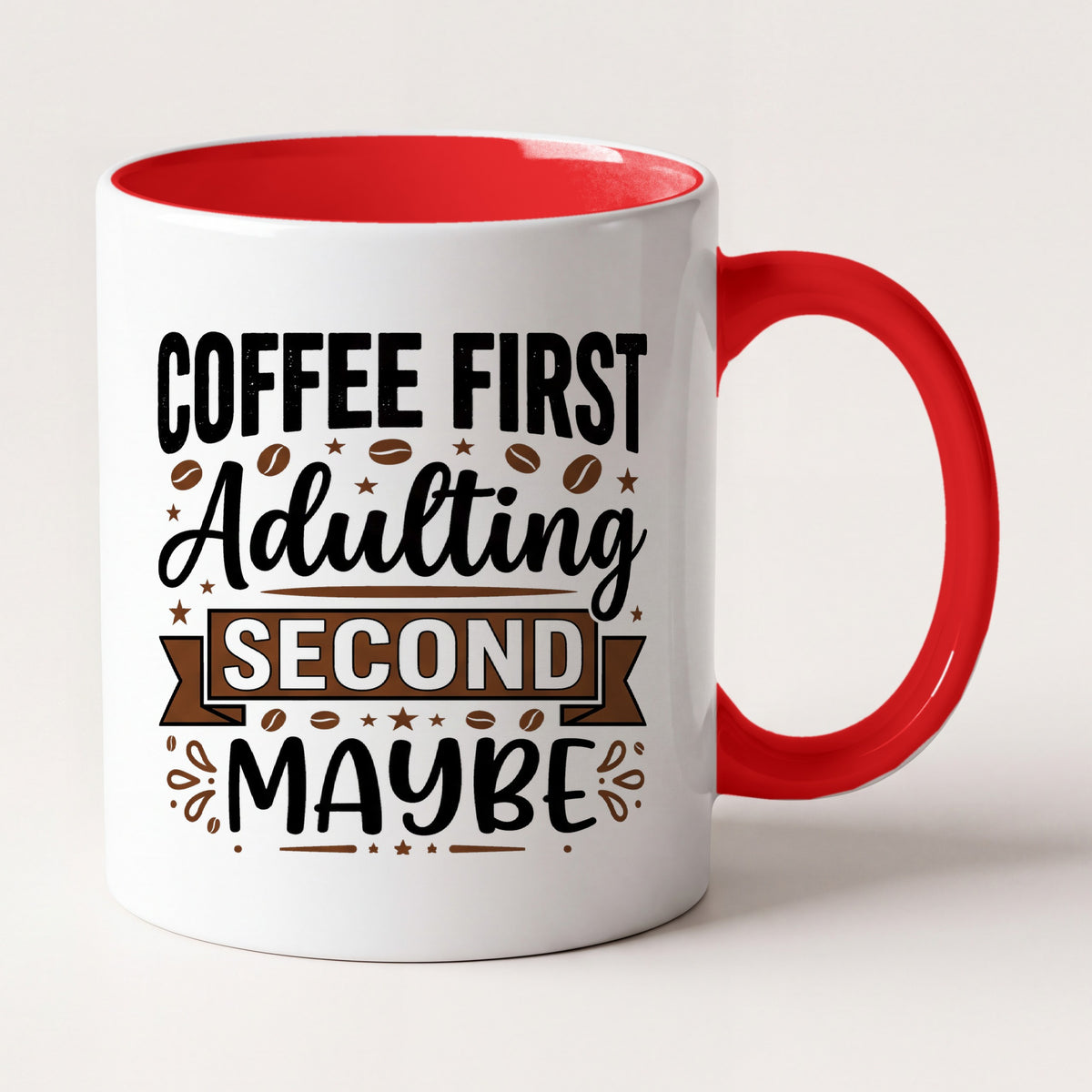 Coffee First Adulting Second Maybe Funny Mug, Gift for Coffee Lovers Two Tone Mug in Red